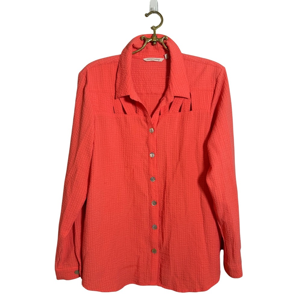 Soft Surroundings Womens Button Down Top Coral Textured Blouse Size L